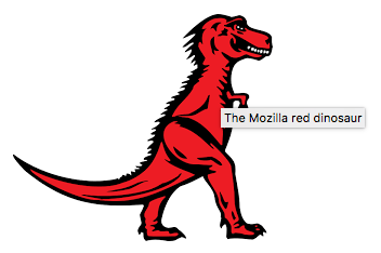 Bildschirmfoto eines roten Tyrannosaurus Rex mit der Text "Der Mozilla rote Dinosaurier", der als Tooltip beim Überfahren mit der Maus angezeigt wird.
