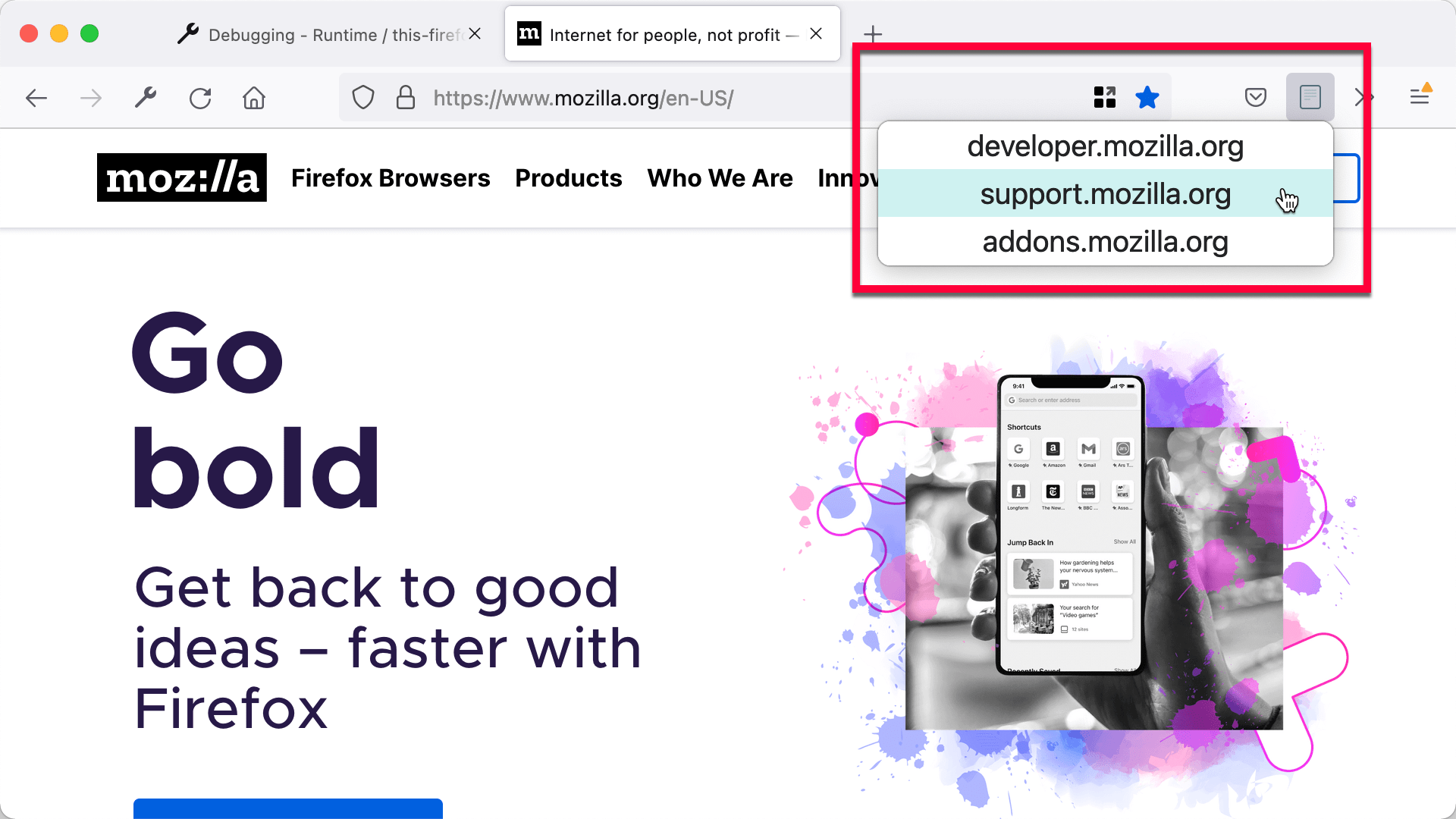 Der durch die Erweiterung hinzugefügte Symbolleisten-Button mit einem Popup